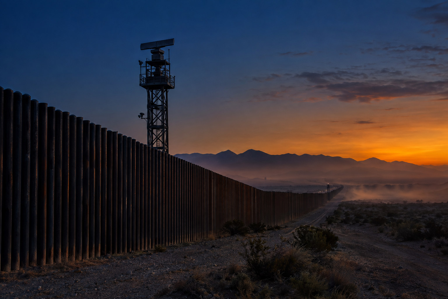 Border security fence line and surveillance tower at dusk