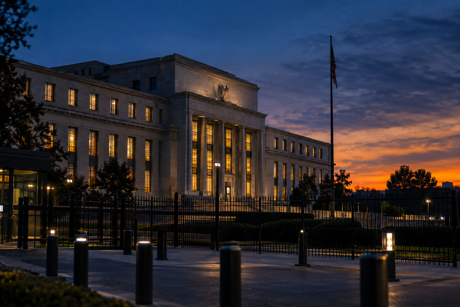 Government administrative building at dusk behind a secured perimeter fence