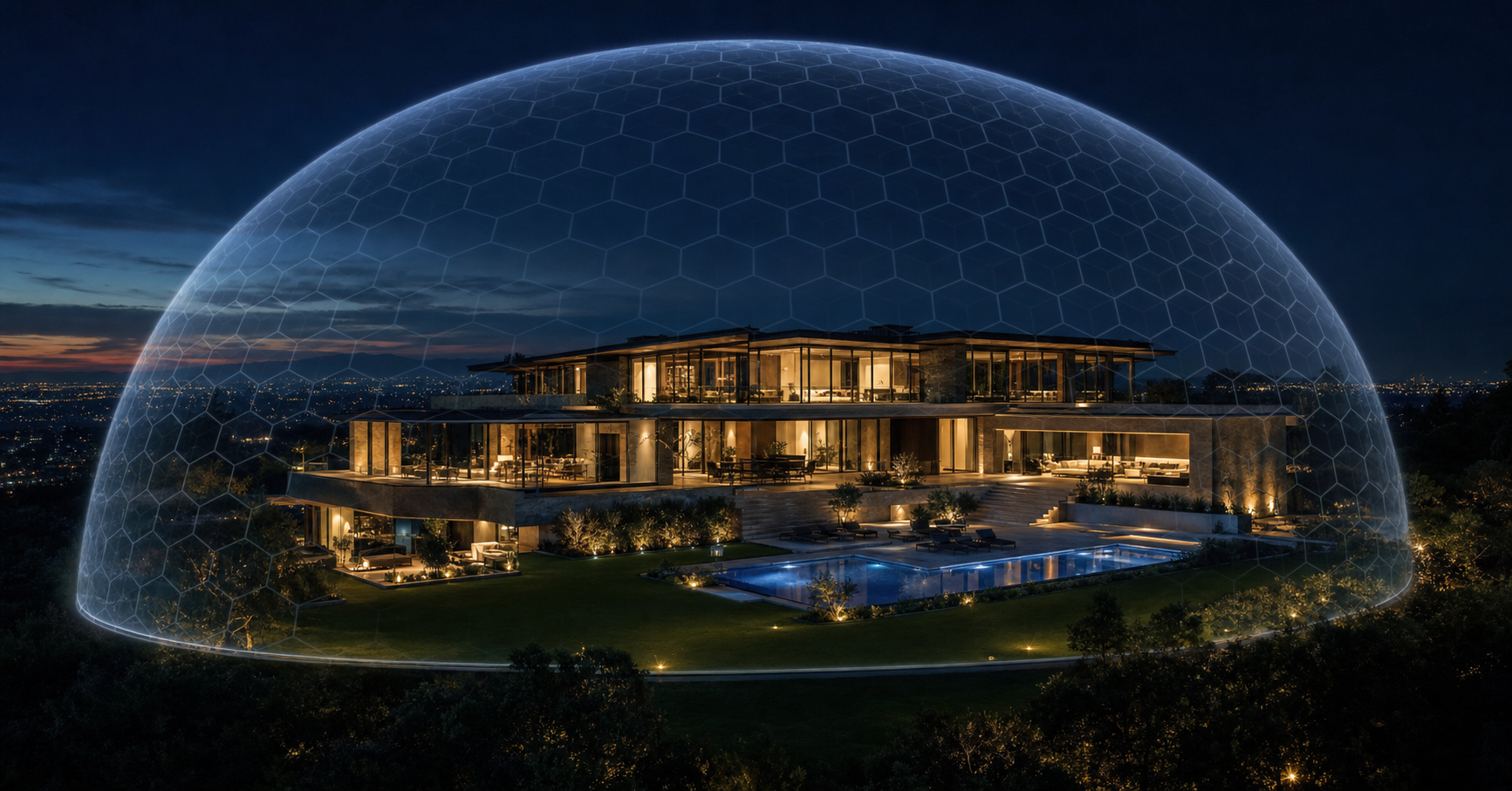Luxury mansion at dusk protected by a private monitoring program