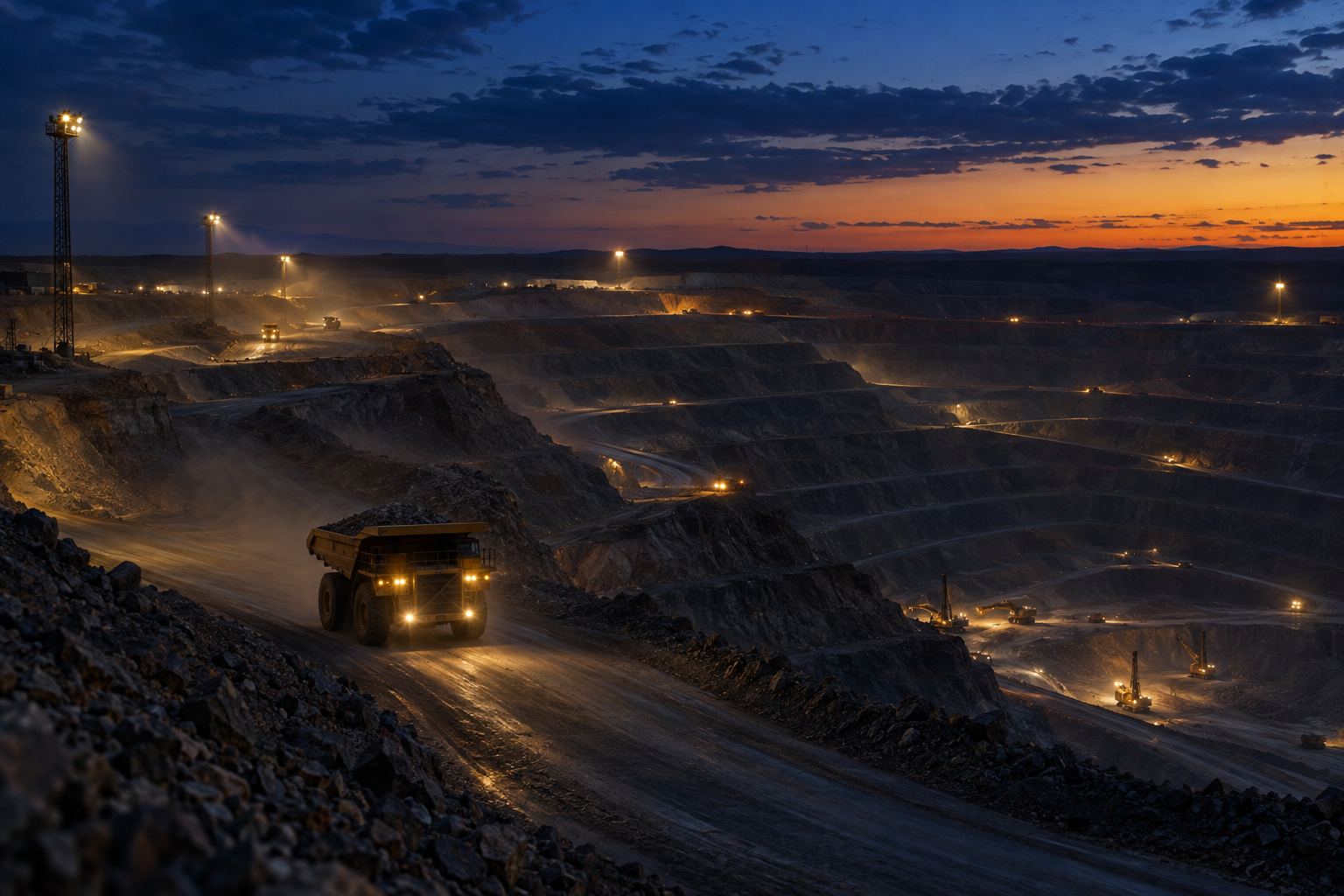 Open-pit mine at dusk with a haul truck moving along the haul road