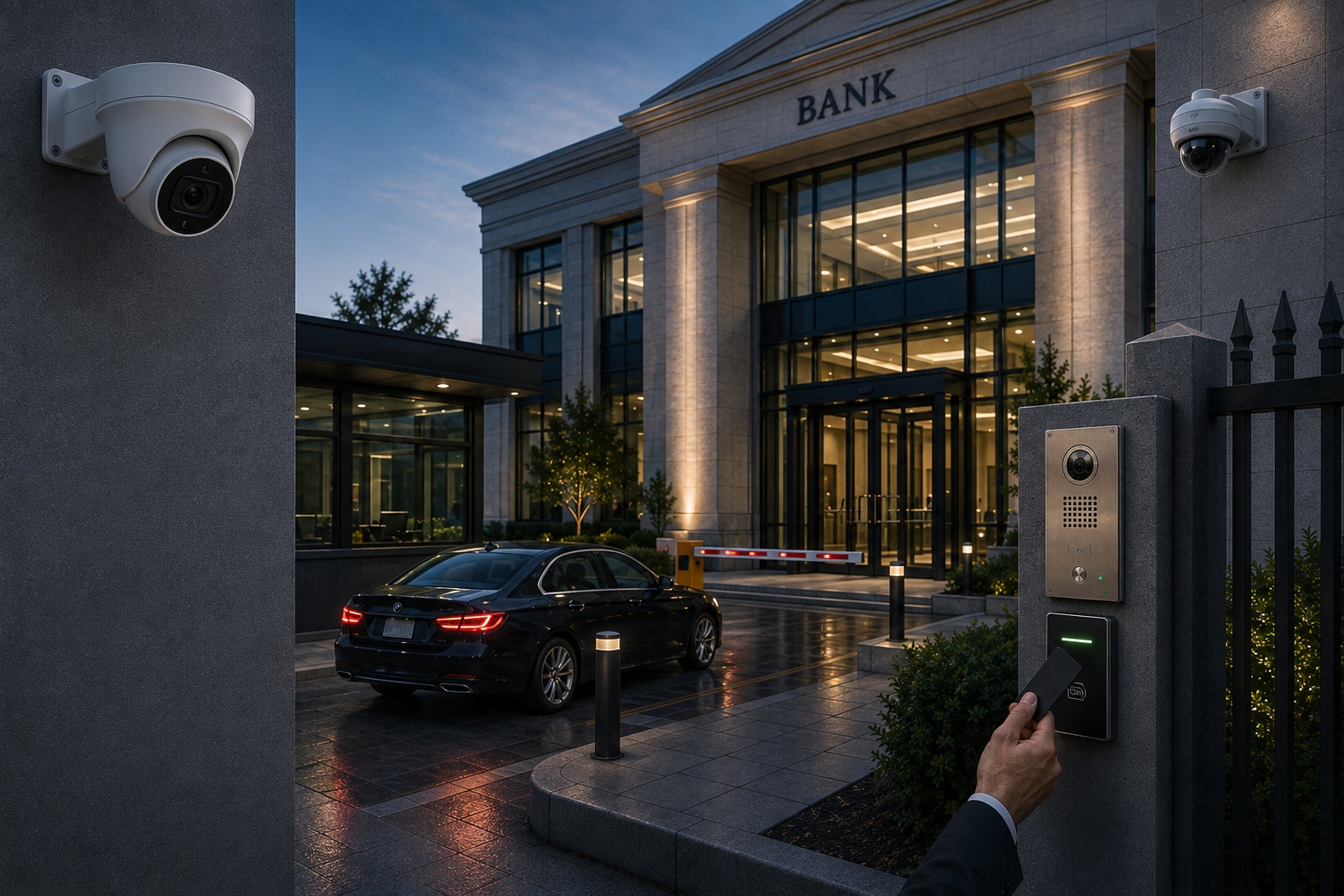 Bank site exterior with layered surveillance and access control