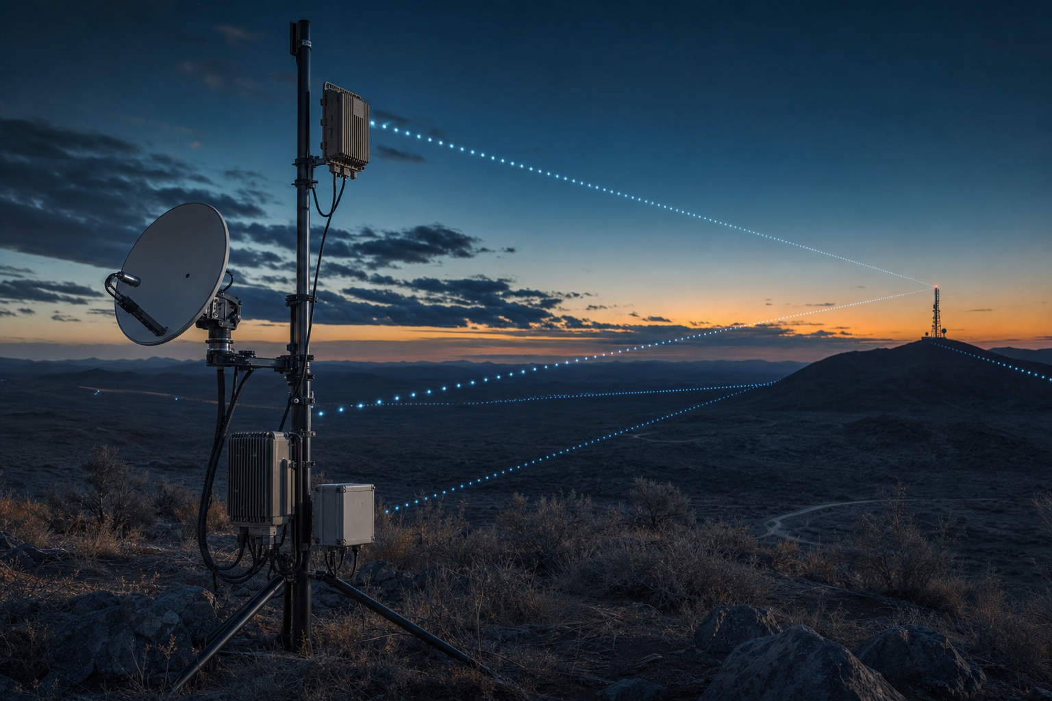 Satellite dish and wireless bridge forming a long-range network link at dusk