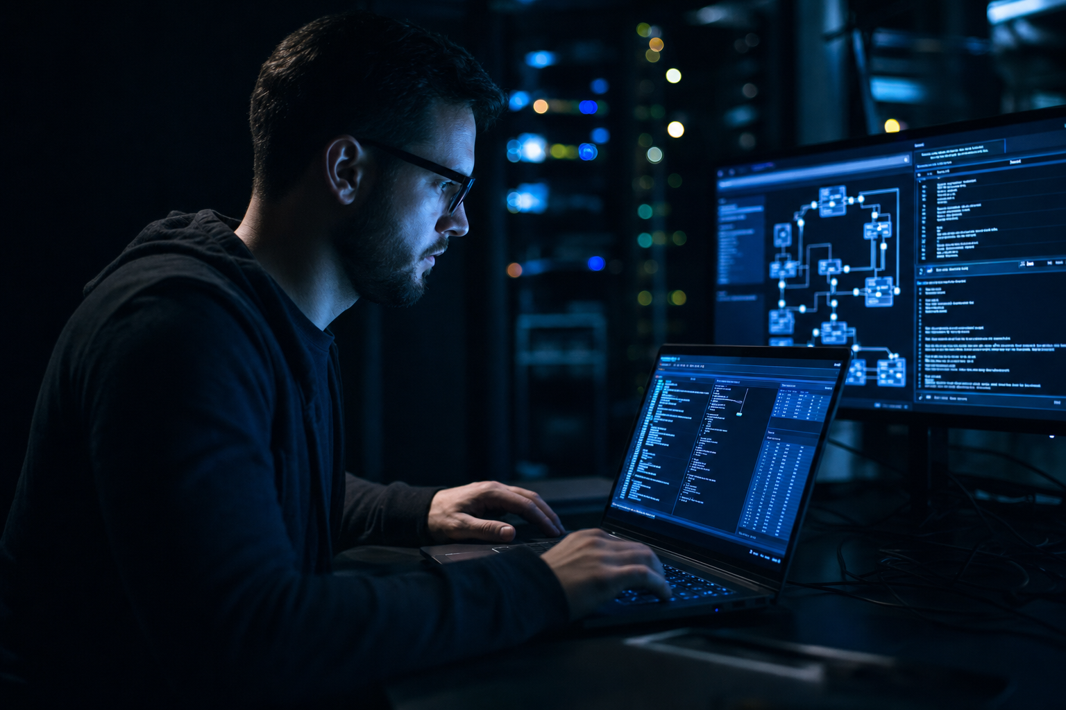 Cyber security specialist reviewing a network configuration