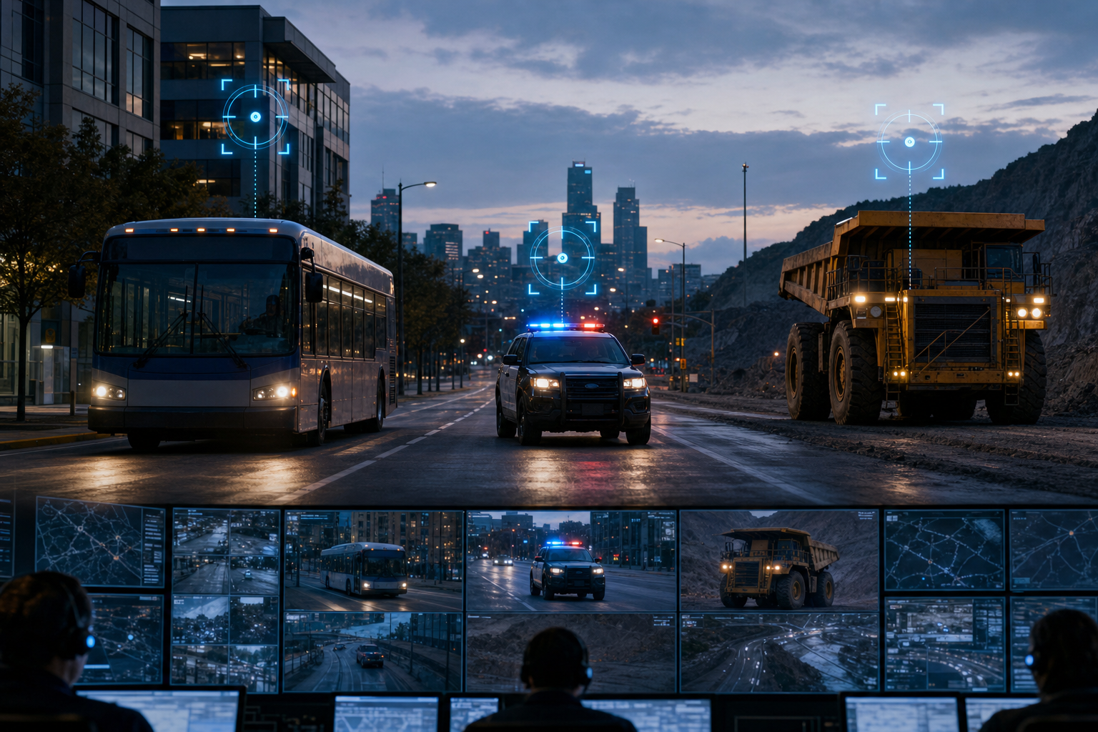 Bus, patrol vehicle, and mining truck monitored from a command center