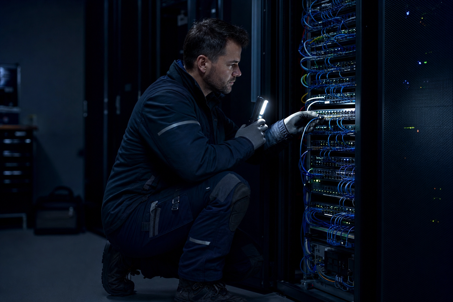 Technician servicing an IT rack in tactical workwear