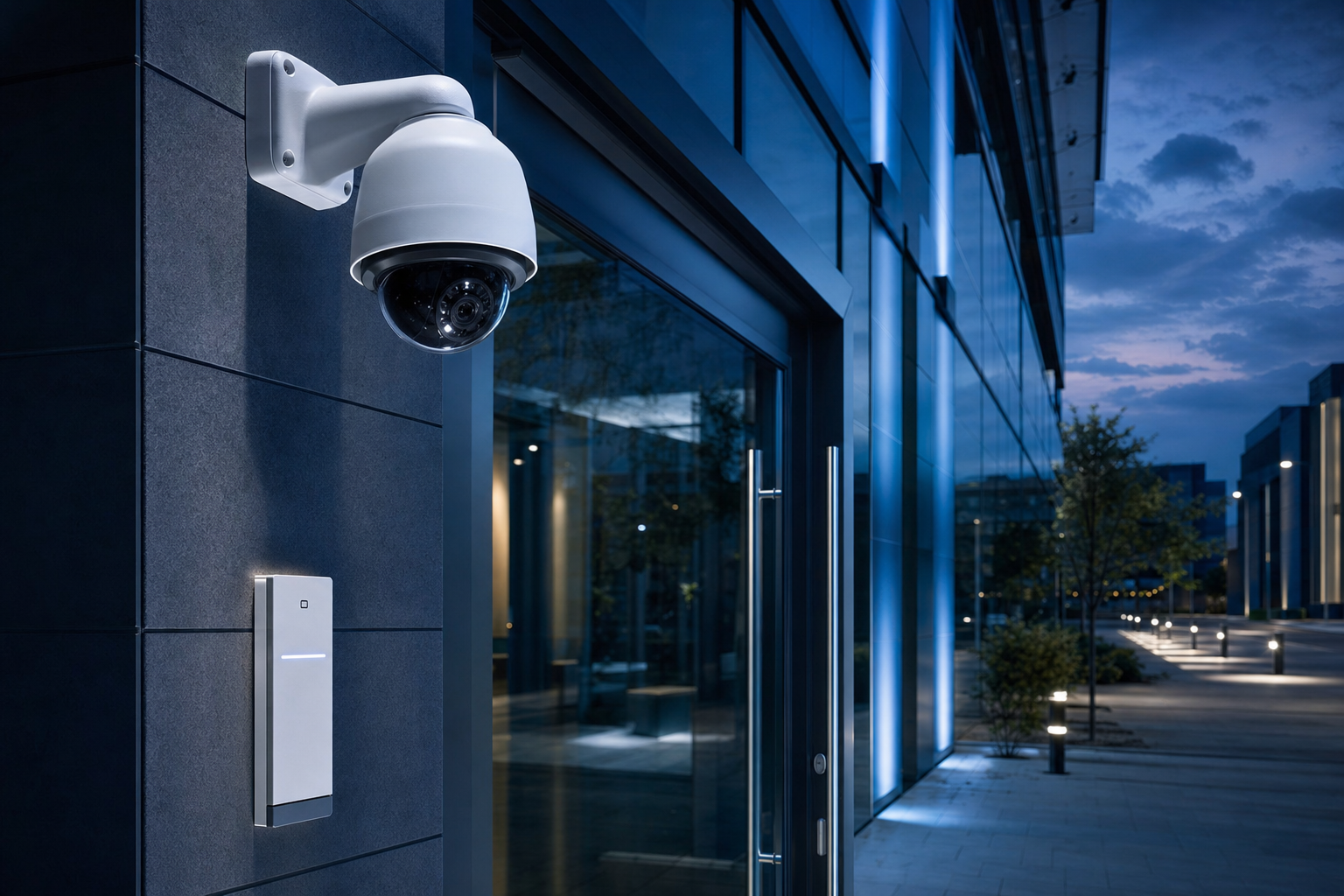 Commercial building exterior with dome camera and access control reader