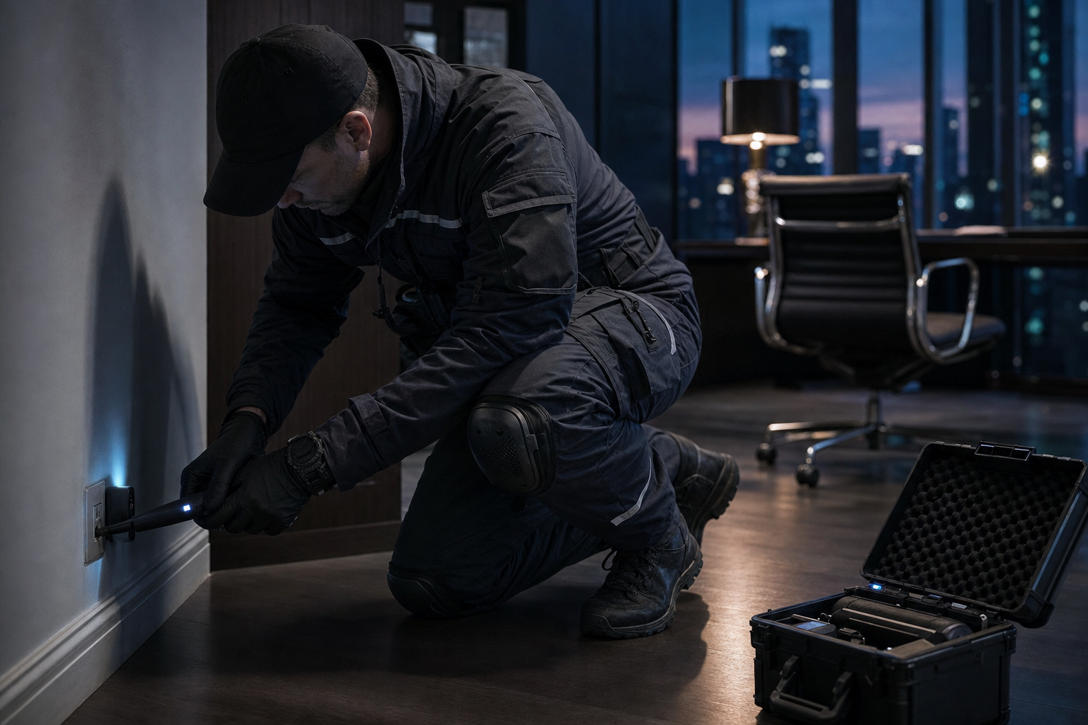 Specialist sweeping an office wall outlet with an RF detector
