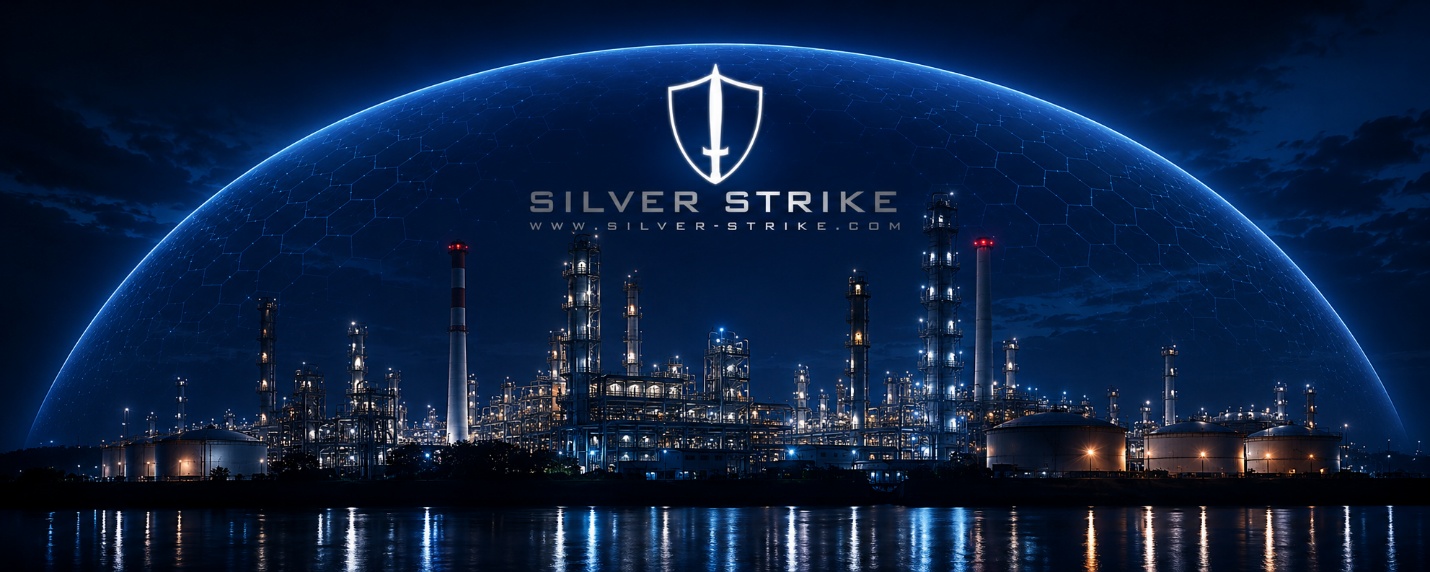 Silver Strike protective dome over an industrial energy facility at night