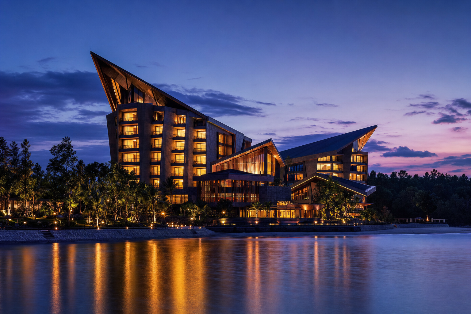Modern resort building on a beach representing hospitality clients