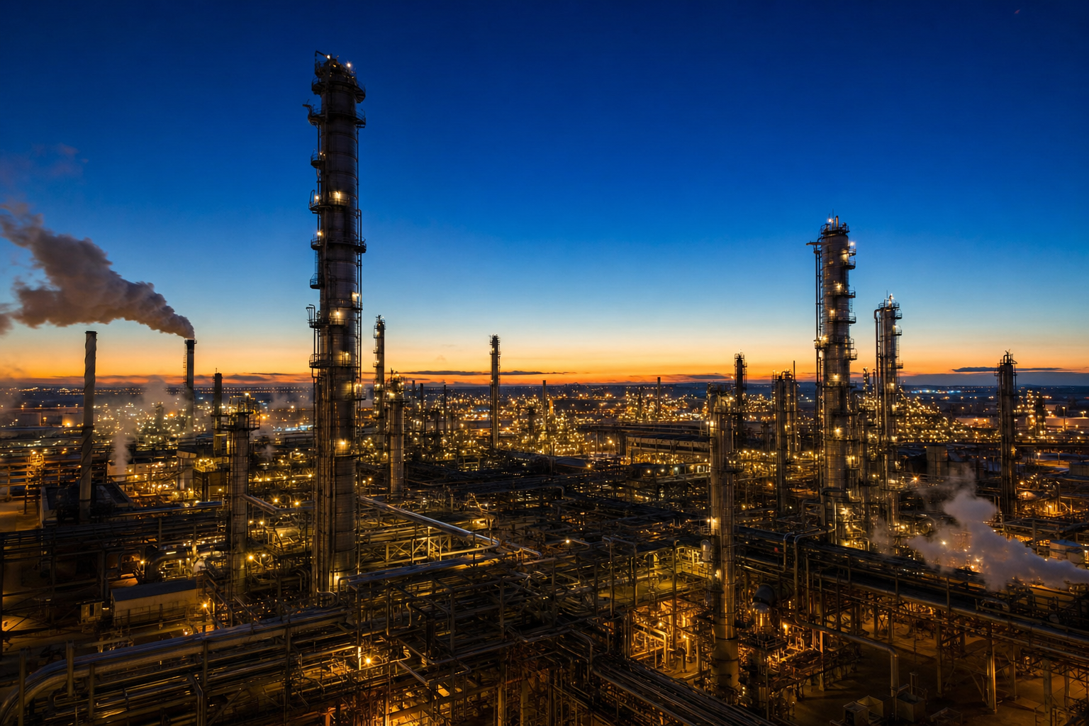 Oil refinery at sunset