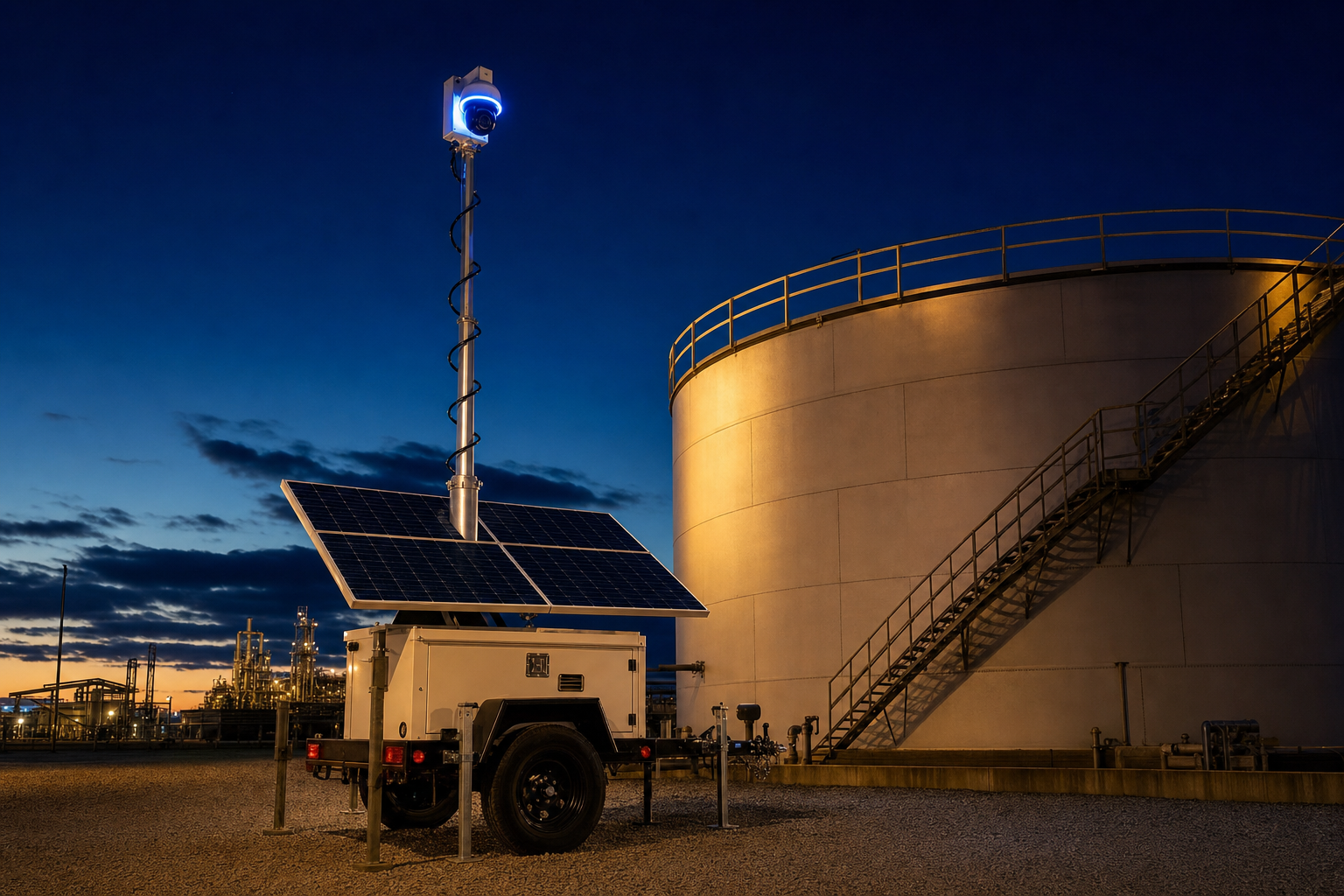 Solar-powered mobile surveillance trailer with camera mast