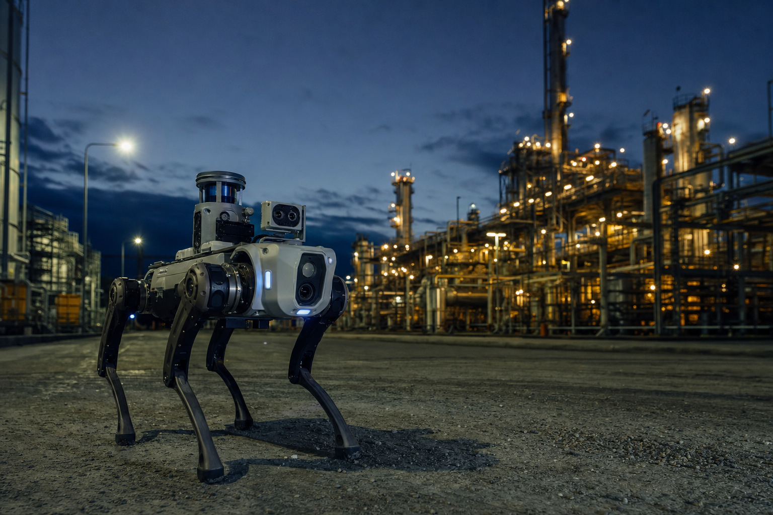 Security robot patrolling an industrial site