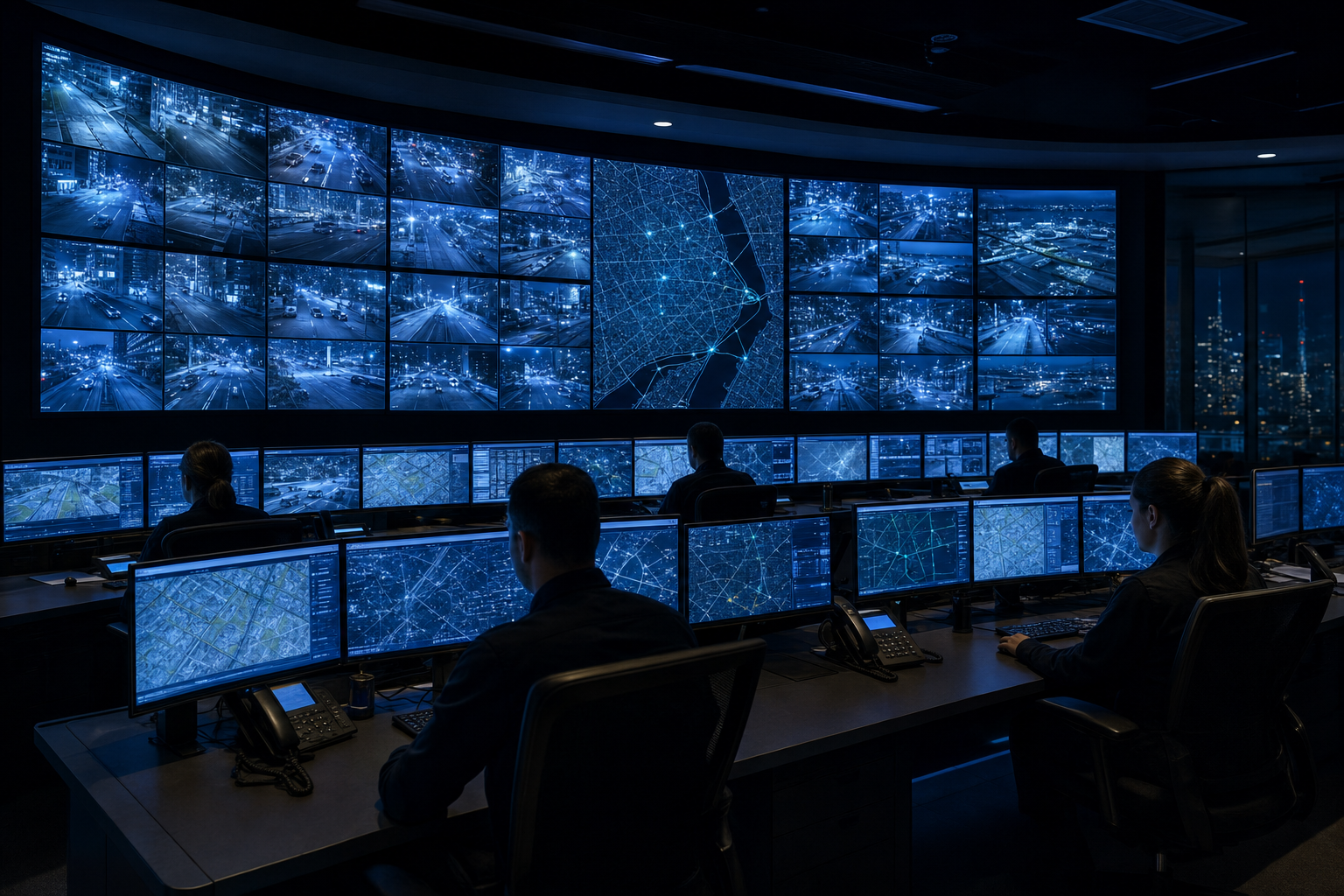 Large format video wall displaying surveillance feeds